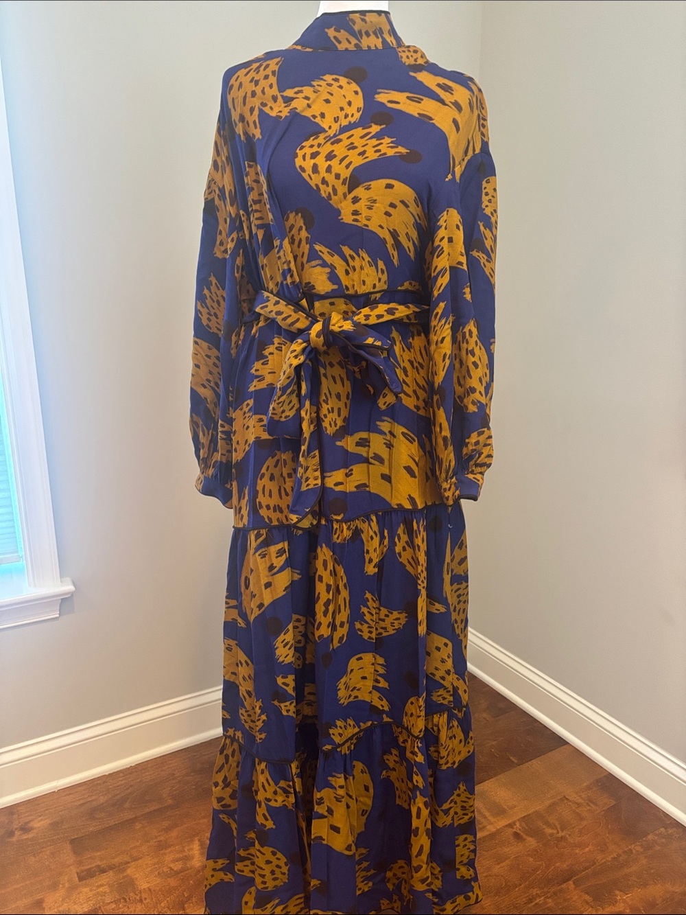 FARM Rio Navy and Mustard Printed Long Sleeve Maxi Dress with Waist Tie